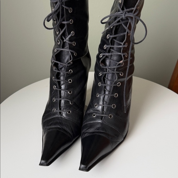 Gia Moretti leather pointed toe stiletto heel grommeted lace-up Boots Italian - Picture 9 of 17